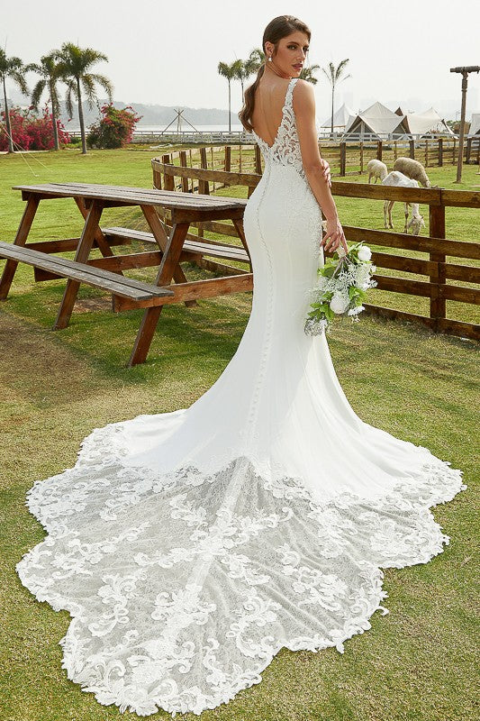 Sheath/Column Stretch Crepe Lace V-neck Sleeveless Cathedral Train Wedding Dresses