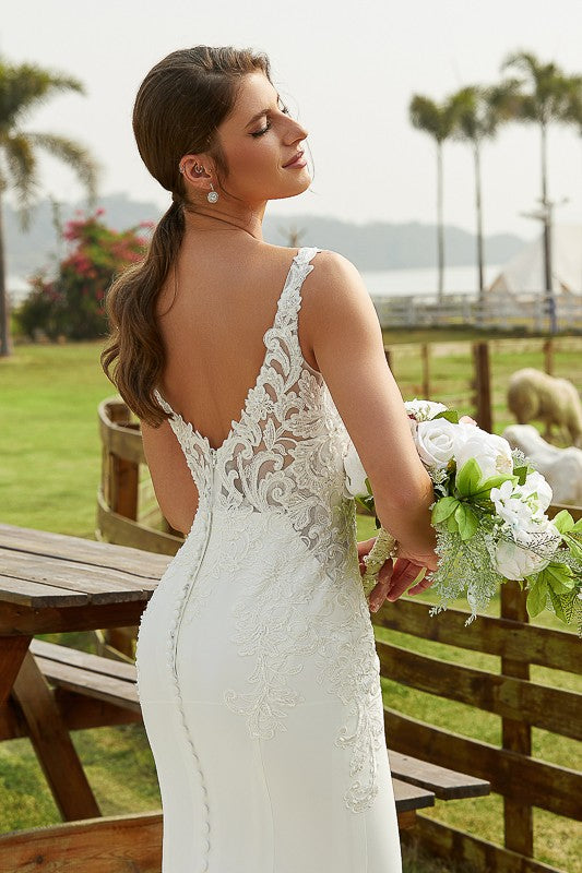 Sheath/Column Stretch Crepe Lace V-neck Sleeveless Cathedral Train Wedding Dresses