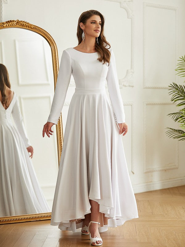 A-Line/Princess Stretch Crepe Ruffles Scoop Long Sleeves Asymmetrical Wedding Dresses