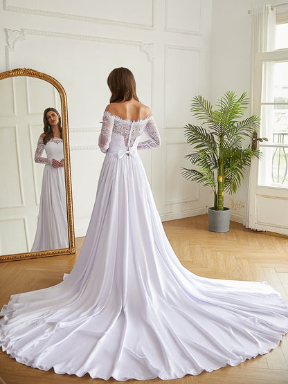 A-Line/Princess Satin Chiffon Lace Off-the-Shoulder Long Sleeves Cathedral Train Wedding Dresses