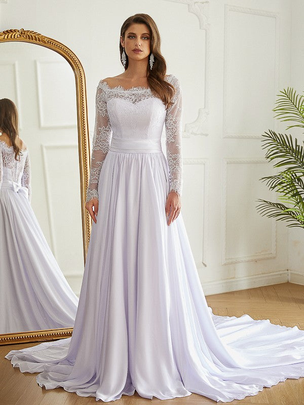 A-Line/Princess Satin Chiffon Lace Off-the-Shoulder Long Sleeves Cathedral Train Wedding Dresses