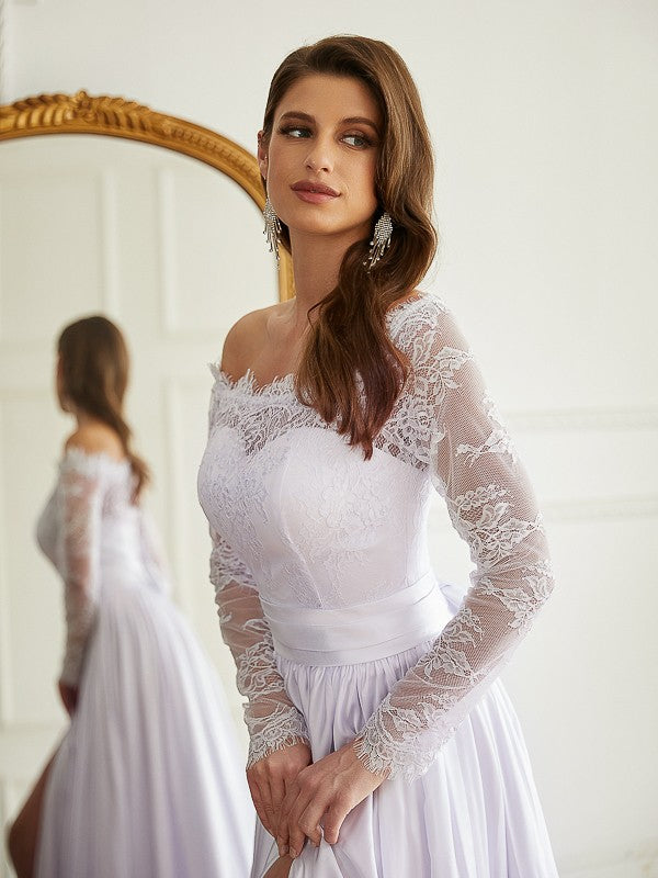 A-Line/Princess Satin Chiffon Lace Off-the-Shoulder Long Sleeves Cathedral Train Wedding Dresses