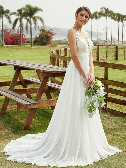 A-Line/Princess Chiffon Lace Scoop Sleeveless Sweep/Brush Train Wedding Dresses