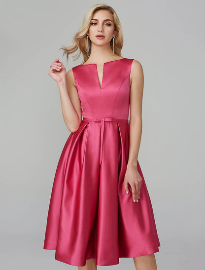 A-Line Elegant Dress Wedding Guest Cocktail Party Knee Length Sleeveless V Wire Pink Dress Satin with Sash / Ribbon