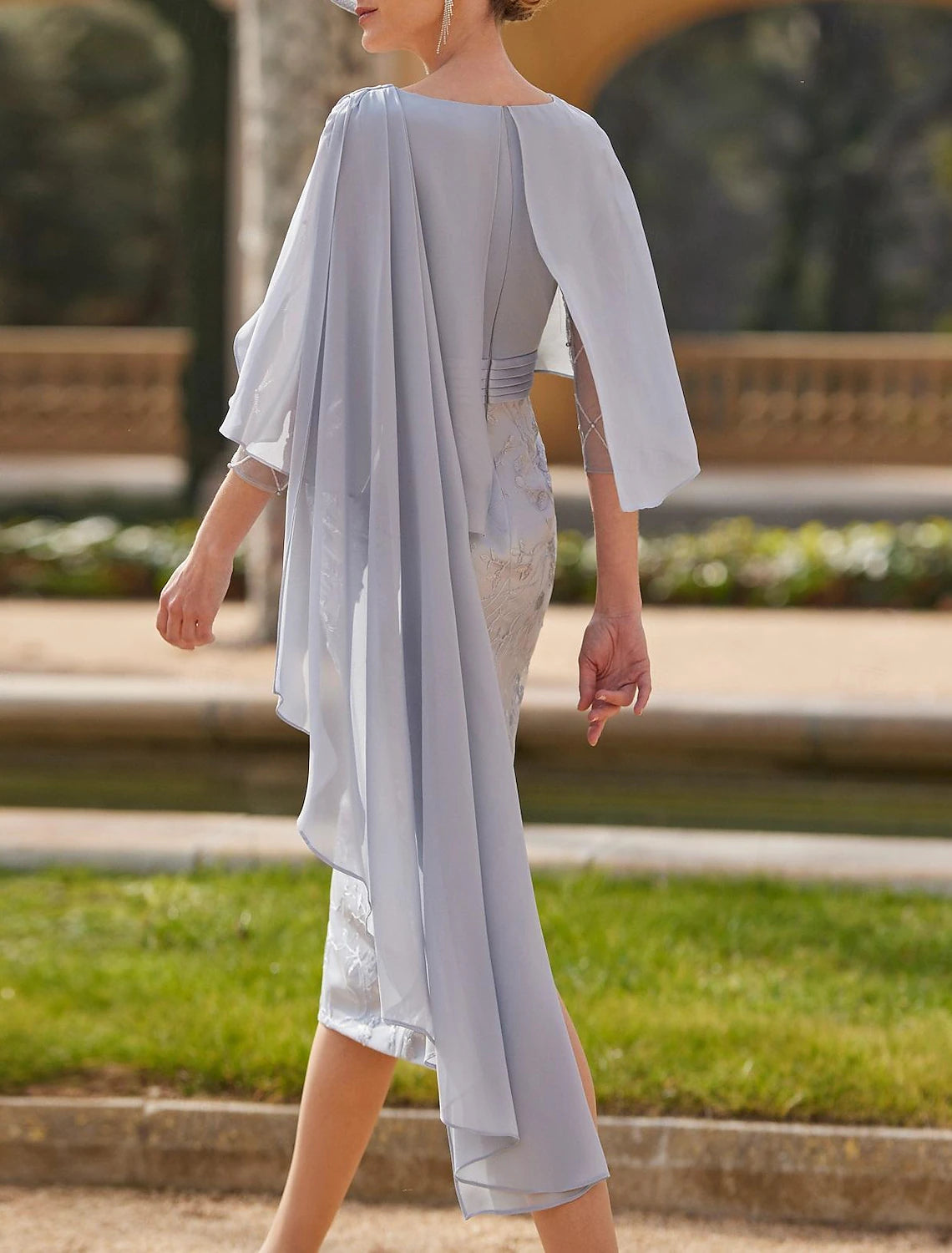 Mother of the Bride Dress Cape Dress Jewel Neck Tea Length Chiffon 3/4 Length Sleeve Wedding Guest Party Dress with Sash / Ribbon Appliques