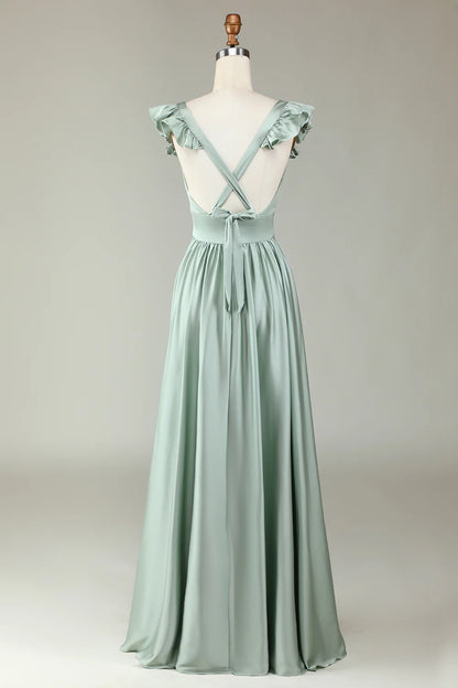 Low V-Neck Long Bridesmaid Dress with Ruffles