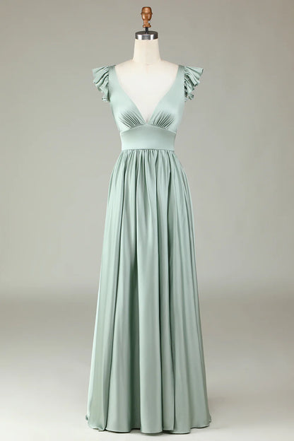 Low V-Neck Long Bridesmaid Dress with Ruffles