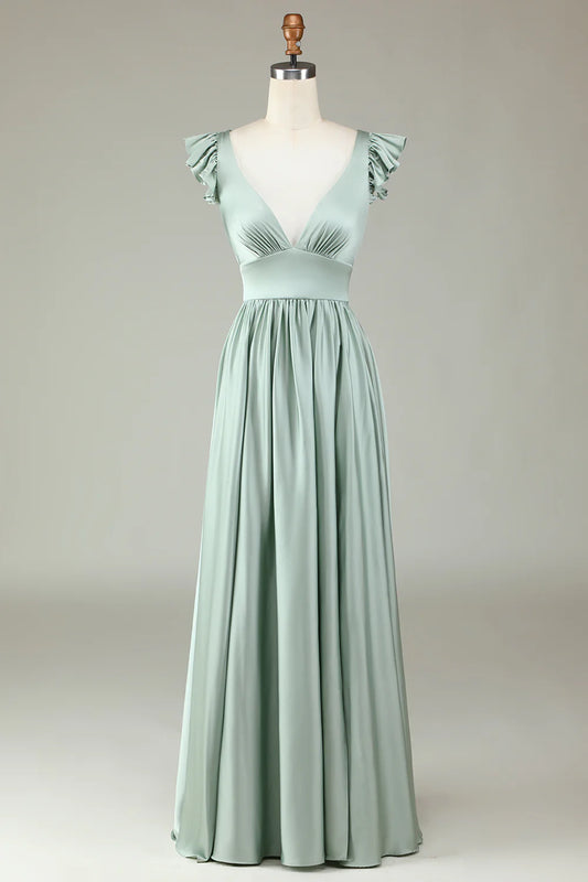 Low V-Neck Long Bridesmaid Dress with Ruffles