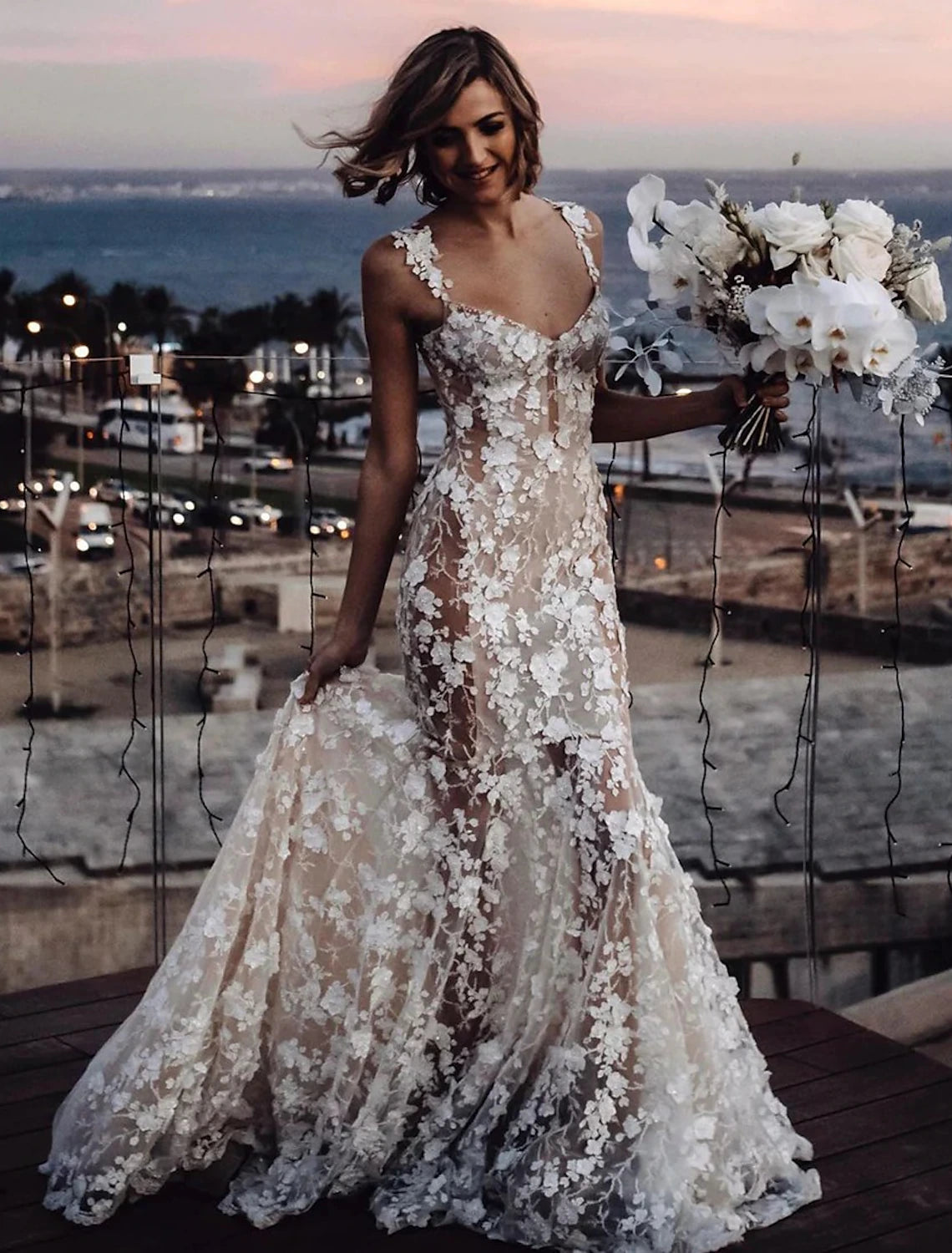 Beach Sexy Boho Wedding Dresses Mermaid / Trumpet Sweetheart Regular Straps Court Train Lace Bridal Gowns With Appliques Summer Fall Wedding Party Clothing