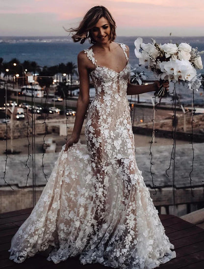 Beach Sexy Boho Wedding Dresses Mermaid / Trumpet Sweetheart Regular Straps Court Train Lace Bridal Gowns With Appliques Summer Fall Wedding Party , Women's Clothing