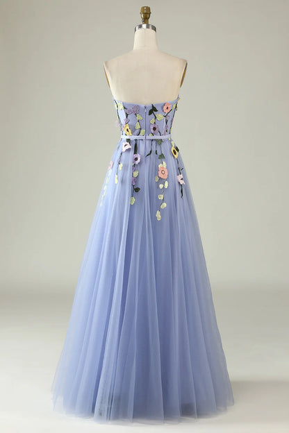 A Line Strapless Lavender Long Prom Dress with Appliques