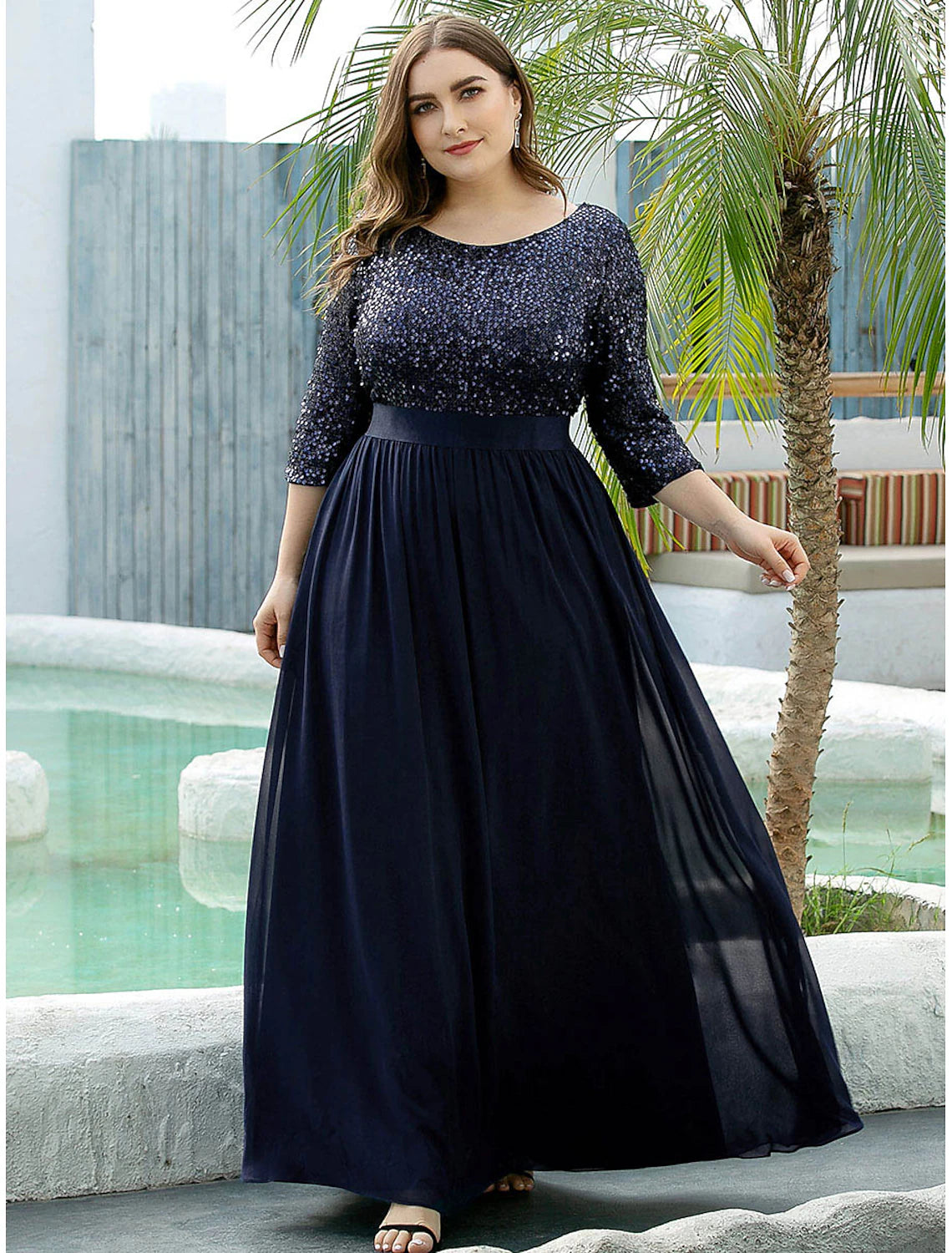 Plus Size Jewel Neck Floor Length Wedding Guest Dress Tulle Sequined 3/4 Length Sleeve Mother of the Bride Dress