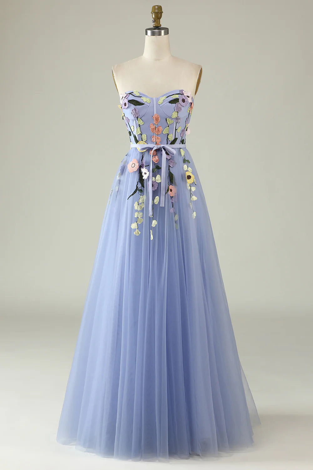 A Line Strapless Lavender Long Prom Dress with Appliques