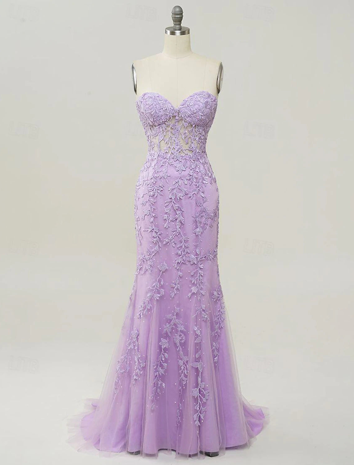 Strapless Sheath Mermaid Prom Dresses Elegant Dress Sweep / Brush Train Dress With Lace Appliques