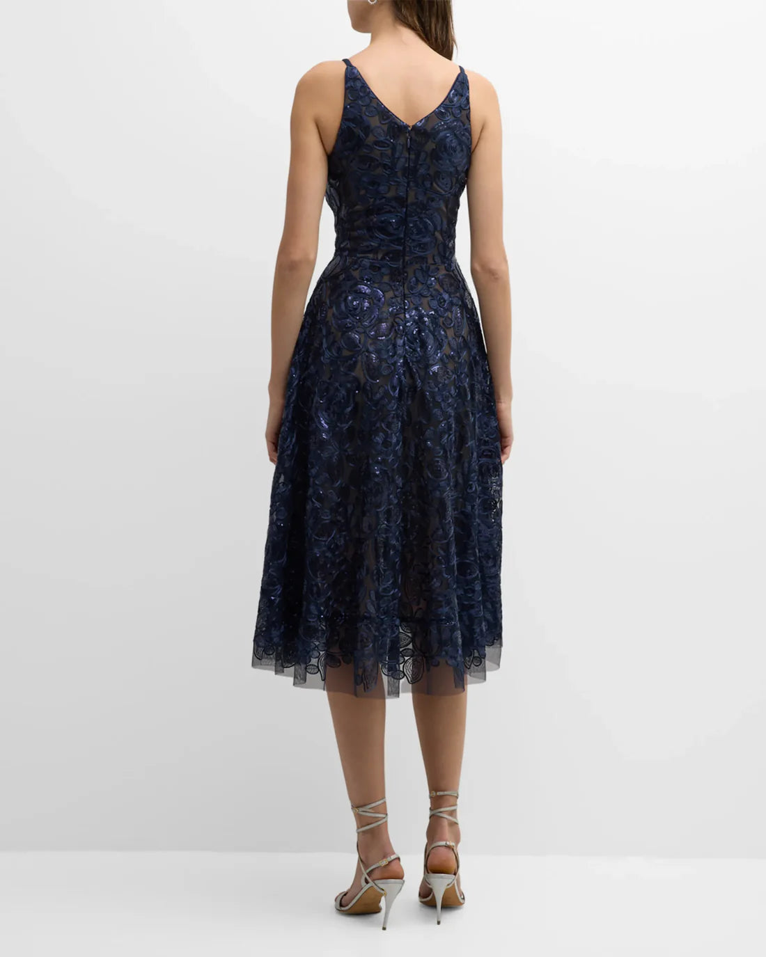 Elegant V-neck sleeveless off shoulder sequin embroidered mid length prom dress Mother of the Bride Dress