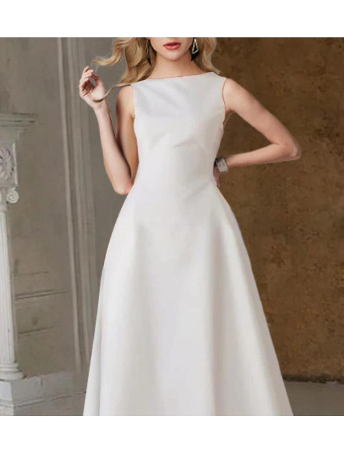 Hall Little White Dresses Wedding Dresses A-Line Scoop Neck Sleeveless Tea Length Satin Bridal Gowns With Pleats Solid Color