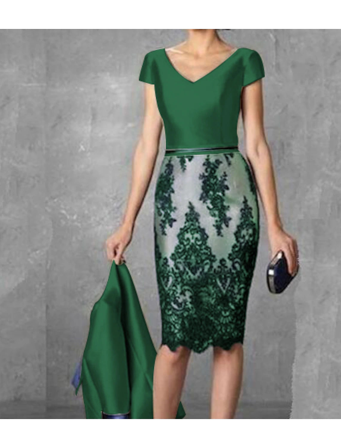 Mother of the Bride Dress Plus Size Sheath / Column  V Neck Knee Length Two Pieces Wedding Guest Party Dress Satin Lace 3/4 Length Sleeve Jacket Dresses