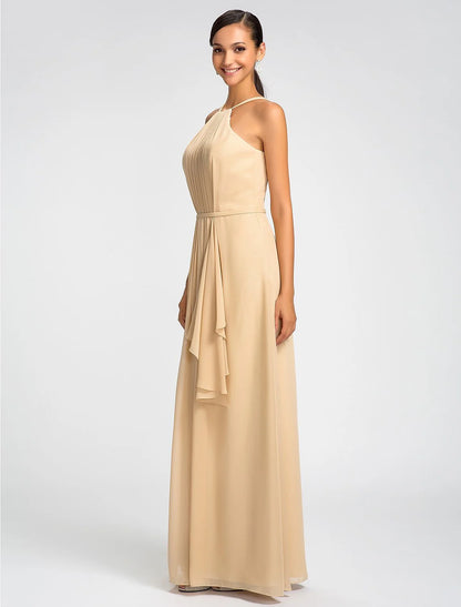 Sheath / Column High Neck Floor Length Chiffon Bridesmaid Dress with Draping