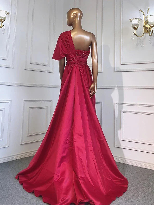 A-Line Evening Gown Luxurious Dress Formal Sweep / Brush Train Short Sleeve One Shoulder Charmeuse with Ruched Crystals