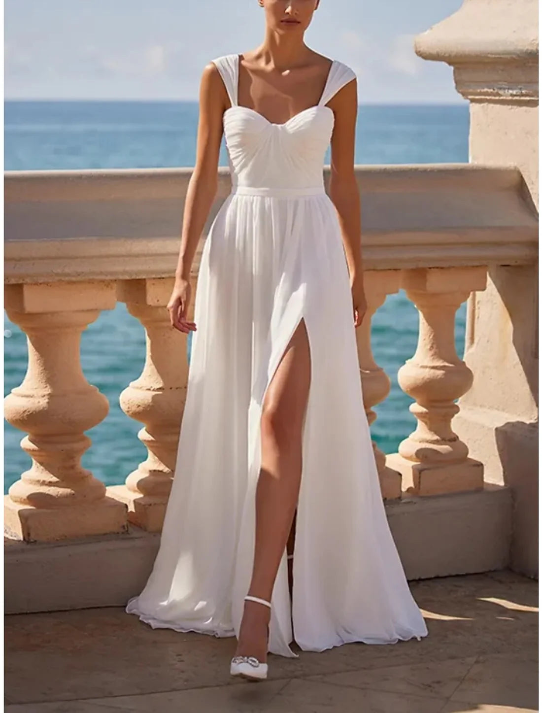 Little White Dresses Wedding Dresses A-Line Square Neck Sleeveless Sweep / Brush Train Chiffon Bridal Gowns With Pleats Split