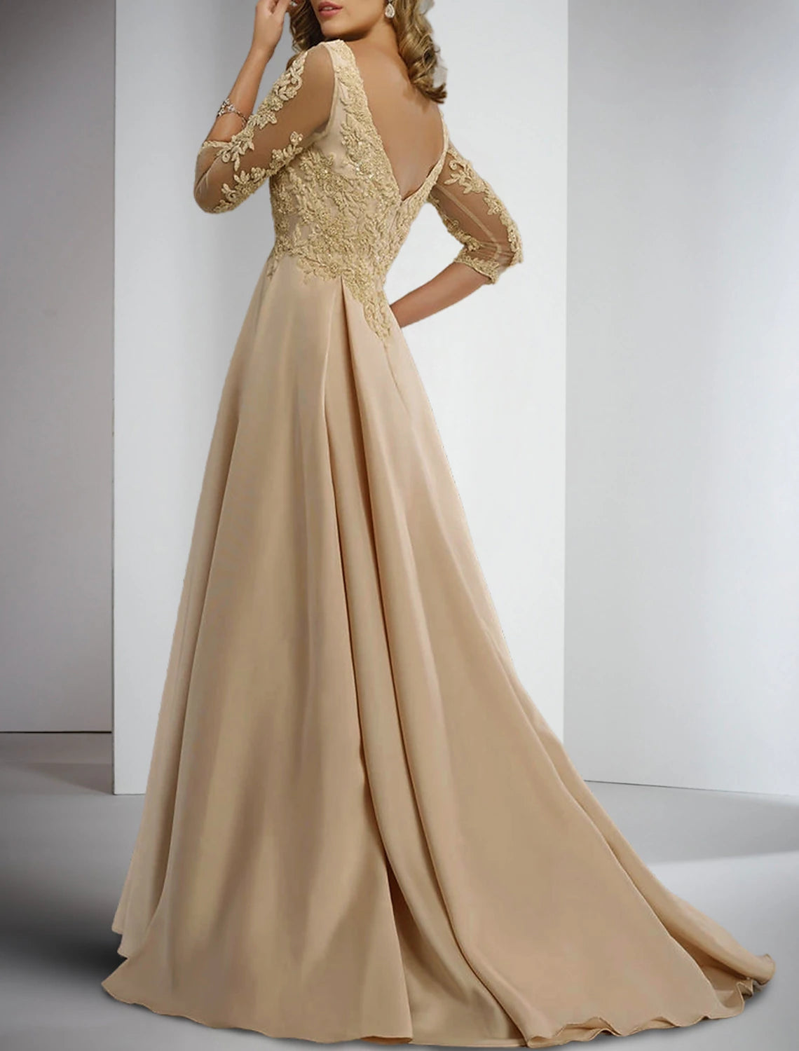 Mother of the Bride Dress Formal Wedding Guest V Neck Floor Length Satin Lace 3/4 Length Sleeve with Appliques