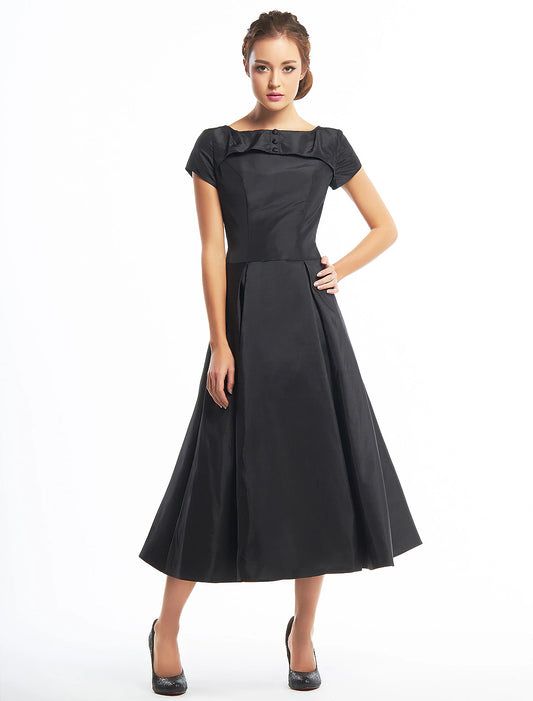 A-Line Black Dress Vintage Homecoming Wedding Guest Tea Length Short Sleeve Boat Neck Taffeta with Buttons