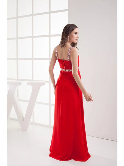 A-Line Evening Gown Elegant Dress Formal Evening Floor Length Sleeveless V Neck Chiffon with Ruched Beading Slit