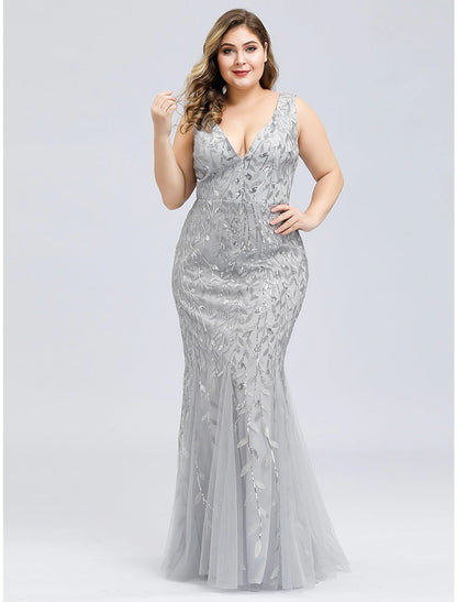 Mermaid / Trumpet Plus Size Sexy Prom Formal Evening Dress V Neck Sleeveless Floor Length Tulle with Appliques