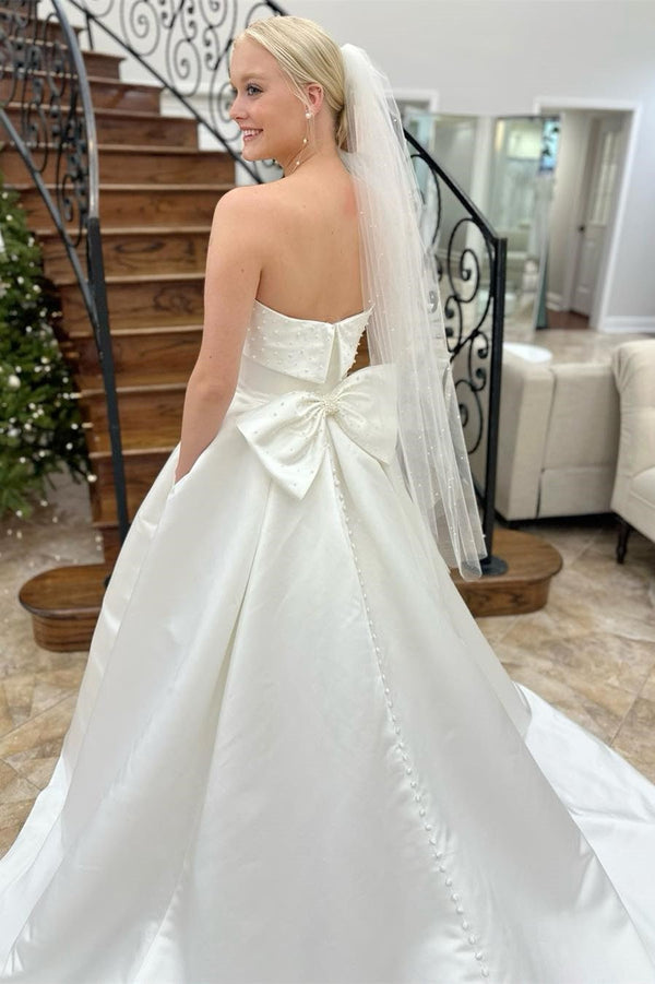 White Strapless Bow-Back Pearls A-Line Wedding Dress Off Shoulder Beautiful