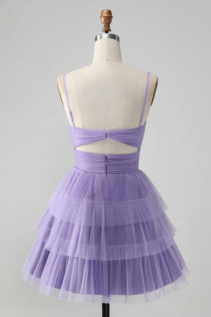 Cute Purple A Line Spaghetti Straps Short Tiered Homecoming Dress with Hollow Out Beautiful