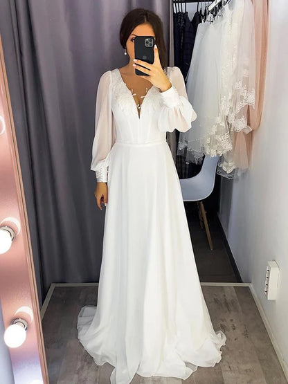 A-Line/Princess Chiffon Ruffles V-neck Long Sleeves Sweep/Brush Train Wedding Dresses Beautiful