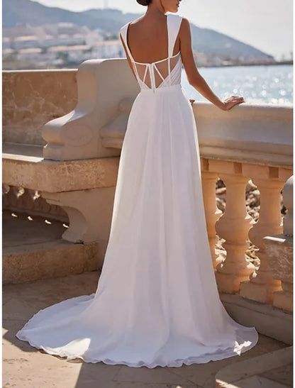 Little White Dresses Wedding Dresses A-Line Square Neck Sleeveless Sweep / Brush Train Chiffon Bridal Gowns With Pleats Split