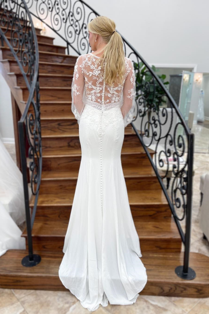 White Mermaid Deep V Neck Illusion Sleeves Appliques Long Wedding Dress Beautiful