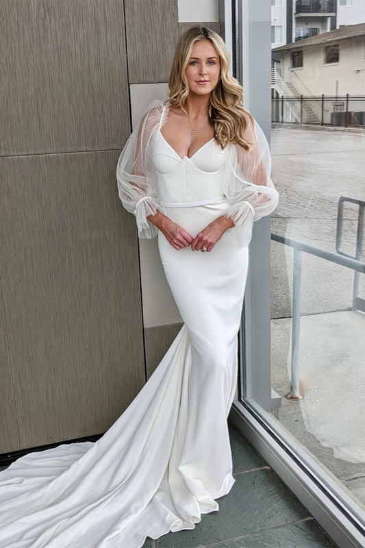 White Illusion Bell Sleeves V Neck Mermaid Long Wedding Dress Sexy