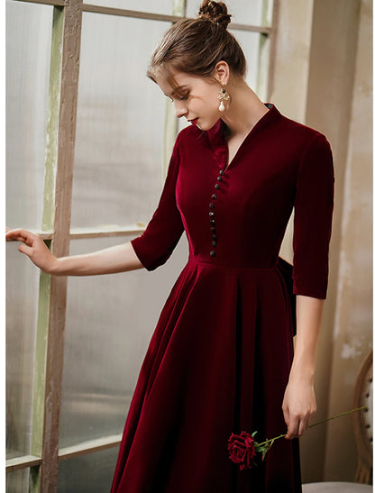 A-Line Cocktail Dresses Vintage Dress Wedding Guest Party Wear Tea Length Half Sleeve V Neck Fall Wedding Guest Velvet with Sleek