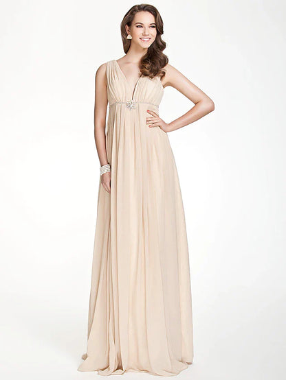 A-Line Bridesmaid Dress V Neck Sleeveless Beautiful Back Floor Length Chiffon with Pleats / Beading / Draping