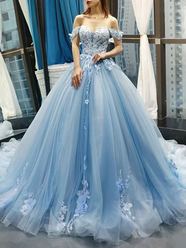 A Line Ball Gown Prom Dresses Floral Dress Quinceanera Court Train Short Sleeve Sweetheart Lace with Pleats Appliques