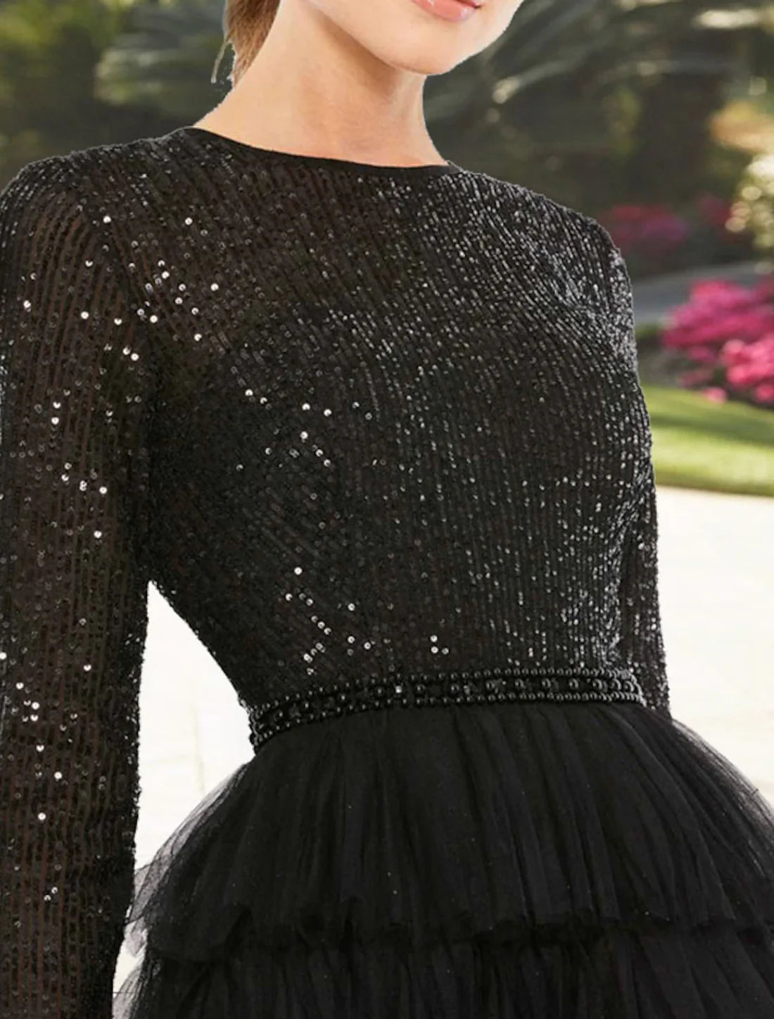 A-Line Evening Dresses Elegant Dress Wedding Guest Party Wear Tea Length Long Sleeve Jewel Neck Fall Wedding Guest Tulle