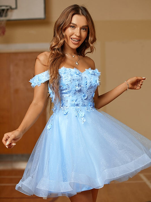 A-Line/Princess Tulle Applique Off-the-Shoulder Sleeveless Short/Mini Dresses