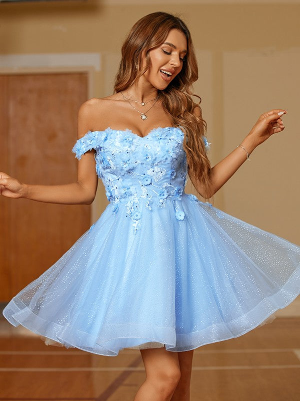 A-Line/Princess Tulle Applique Off-the-Shoulder Sleeveless Short/Mini Dresses