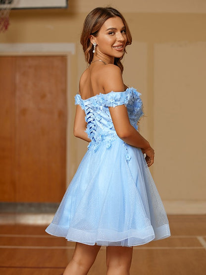 A-Line/Princess Tulle Applique Off-the-Shoulder Sleeveless Short/Mini Dresses