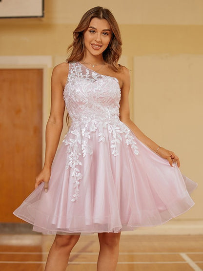 A-Line/Princess Tulle Lace One-Shoulder Sleeveless Short/Mini Dresses