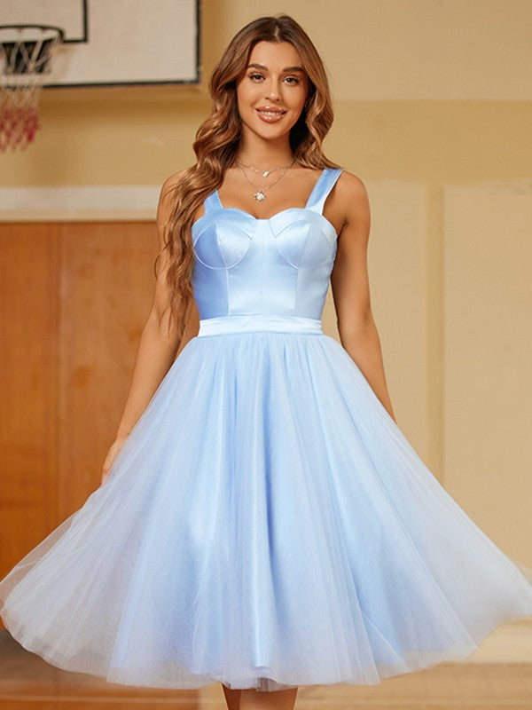 A-Line/Princess Tulle Ruffles Straps Sleeveless Knee-Length Dresses