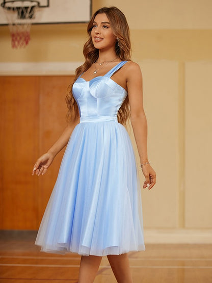 A-Line/Princess Tulle Ruffles Straps Sleeveless Knee-Length Dresses