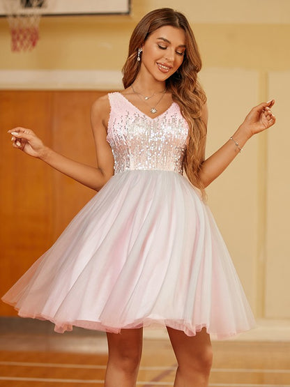 A-Line/Princess Sequin V-neck Sleeveless Short/Mini Dresses