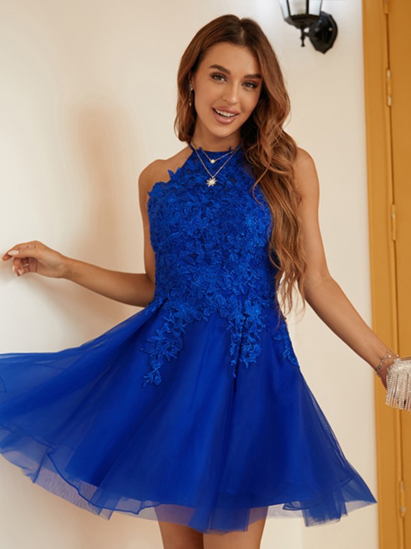 A-Line/Princess Tulle Lace Halter Sleeveless Short/Mini Dresses