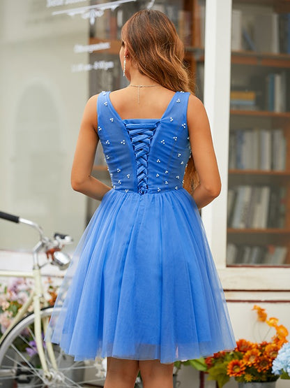 A-Line/Princess Tulle Applique Scoop Sleeveless Short/Mini Homecoming Dresses