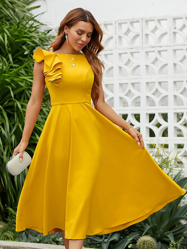 A-Line/Princess Stretch Crepe Ruffles Scoop Sleeveless Tea-Length Dresses Homecoming Dresses Cocktail Dresses