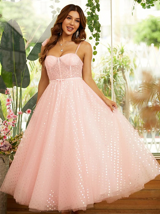 A-Line/Princess Ruffles Spaghetti Straps Sleeveless Ankle-Length Dresses