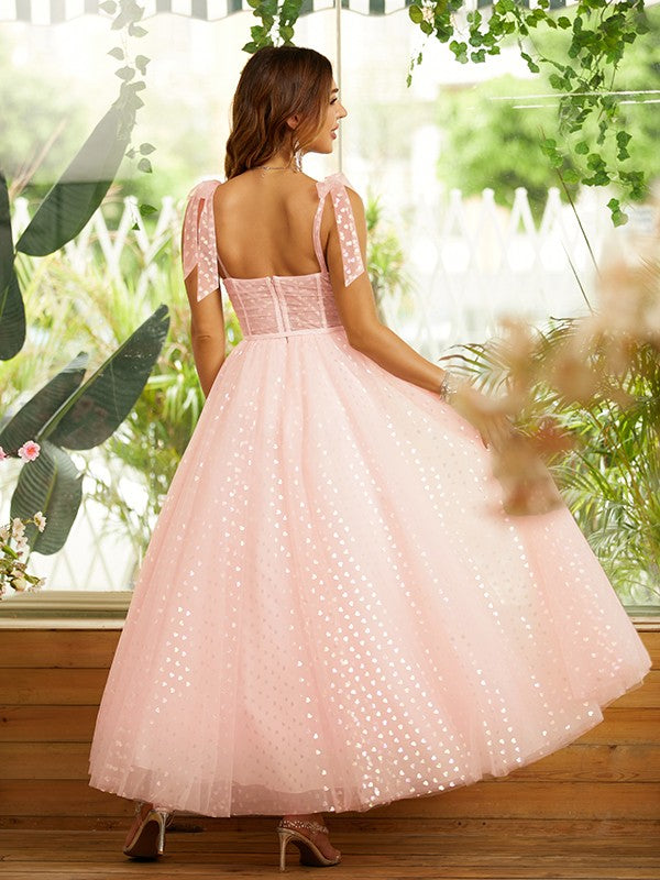 A-Line/Princess Ruffles Spaghetti Straps Sleeveless Ankle-Length Dresses